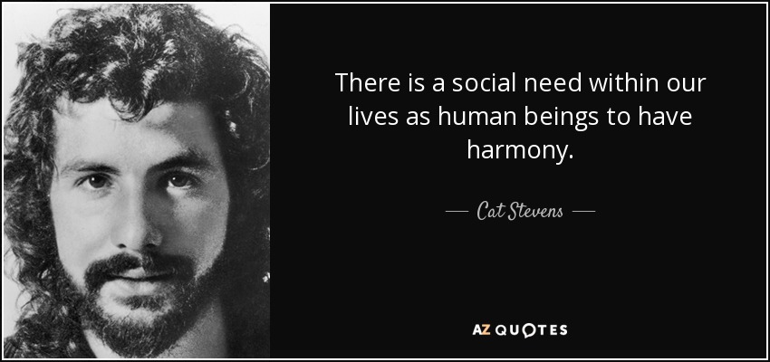 There is a social need within our lives as human beings to have harmony. - Cat Stevens