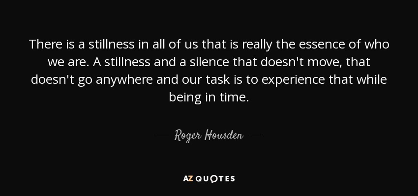 There is a stillness in all of us that is really the essence of who we are. A stillness and a silence that doesn't move, that doesn't go anywhere and our task is to experience that while being in time. - Roger Housden