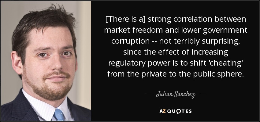 [There is a] strong correlation between market freedom and lower government corruption -- not terribly surprising, since the effect of increasing regulatory power is to shift 'cheating' from the private to the public sphere. - Julian Sanchez