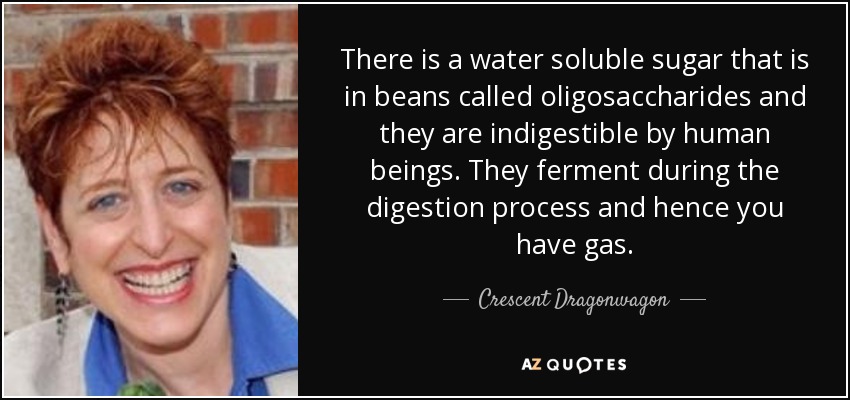 There is a water soluble sugar that is in beans called oligosaccharides and they are indigestible by human beings. They ferment during the digestion process and hence you have gas. - Crescent Dragonwagon