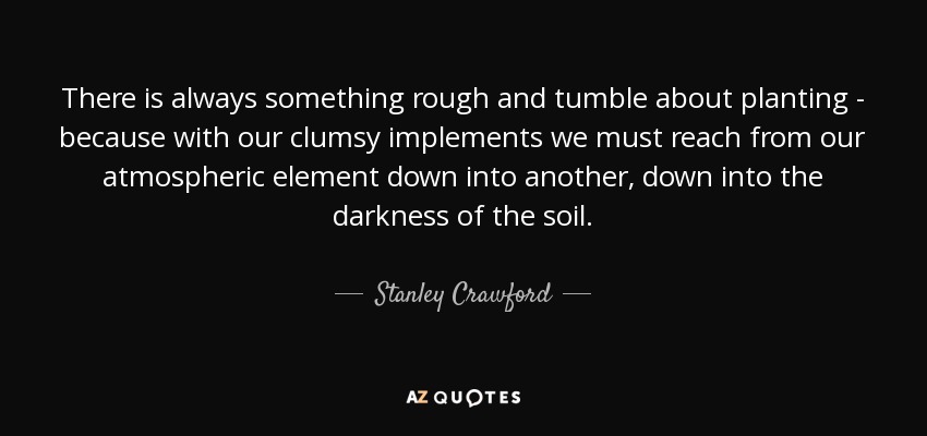 There is always something rough and tumble about planting - because with our clumsy implements we must reach from our atmospheric element down into another, down into the darkness of the soil. - Stanley Crawford
