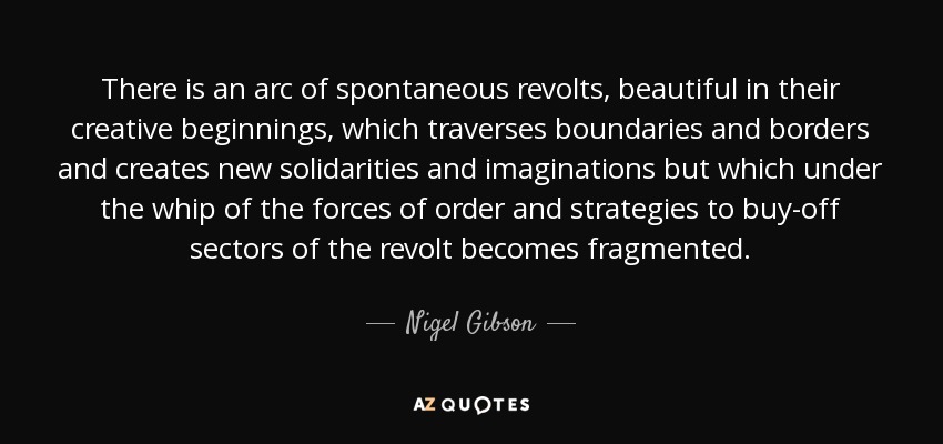There is an arc of spontaneous revolts, beautiful in their creative beginnings, which traverses boundaries and borders and creates new solidarities and imaginations but which under the whip of the forces of order and strategies to buy-off sectors of the revolt becomes fragmented. - Nigel Gibson