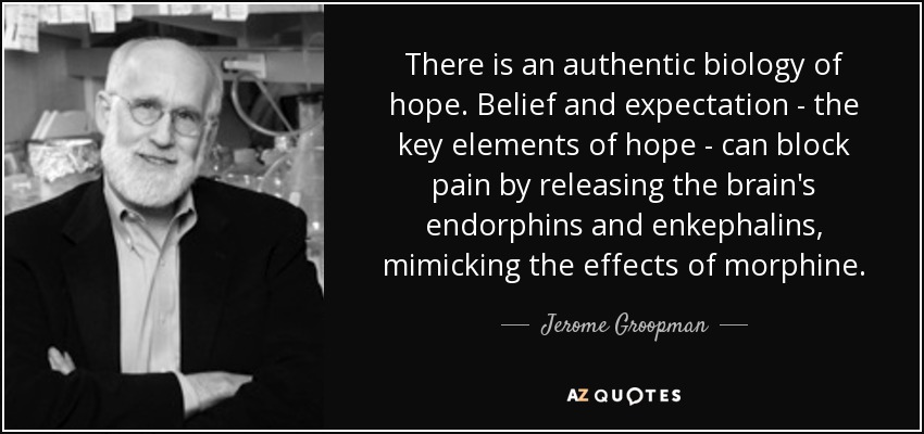 There is an authentic biology of hope. Belief and expectation - the key elements of hope - can block pain by releasing the brain's endorphins and enkephalins, mimicking the effects of morphine. - Jerome Groopman