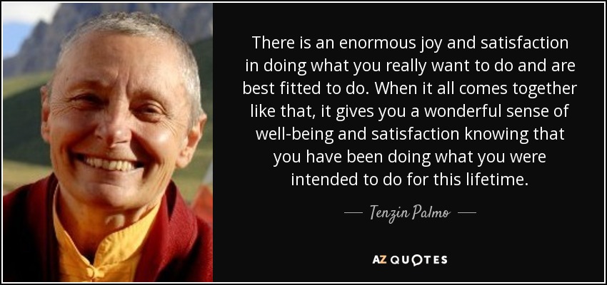 There is an enormous joy and satisfaction in doing what you really want to do and are best fitted to do. When it all comes together like that, it gives you a wonderful sense of well-being and satisfaction knowing that you have been doing what you were intended to do for this lifetime. - Tenzin Palmo