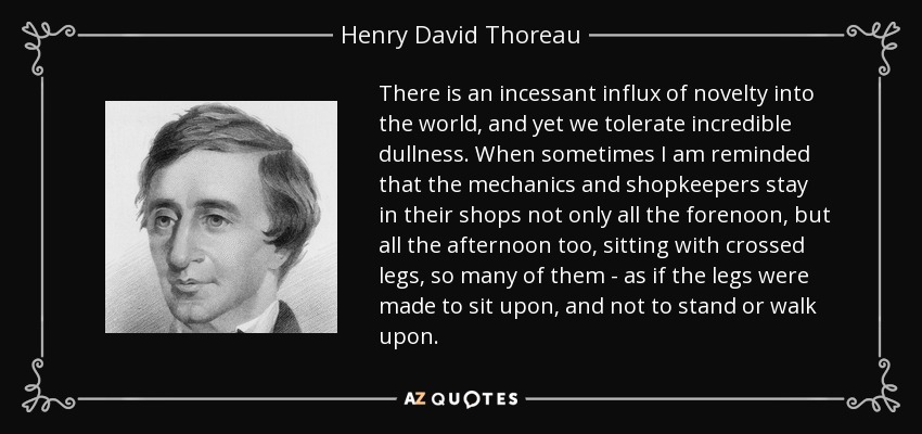 There is an incessant influx of novelty into the world, and yet we tolerate incredible dullness. When sometimes I am reminded that the mechanics and shopkeepers stay in their shops not only all the forenoon, but all the afternoon too, sitting with crossed legs, so many of them - as if the legs were made to sit upon, and not to stand or walk upon. - Henry David Thoreau