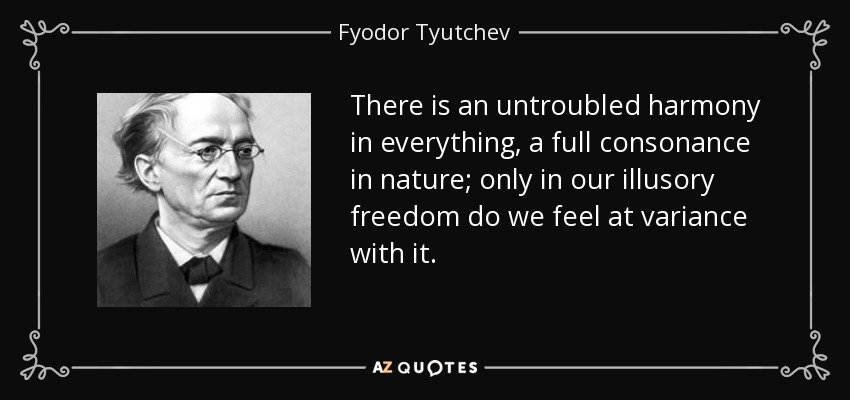 There is an untroubled harmony in everything, a full consonance in nature; only in our illusory freedom do we feel at variance with it. - Fyodor Tyutchev