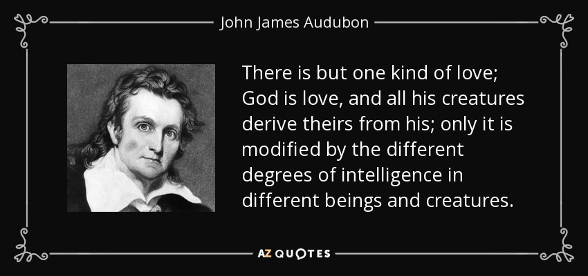 There is but one kind of love; God is love, and all his creatures derive theirs from his; only it is modified by the different degrees of intelligence in different beings and creatures. - John James Audubon