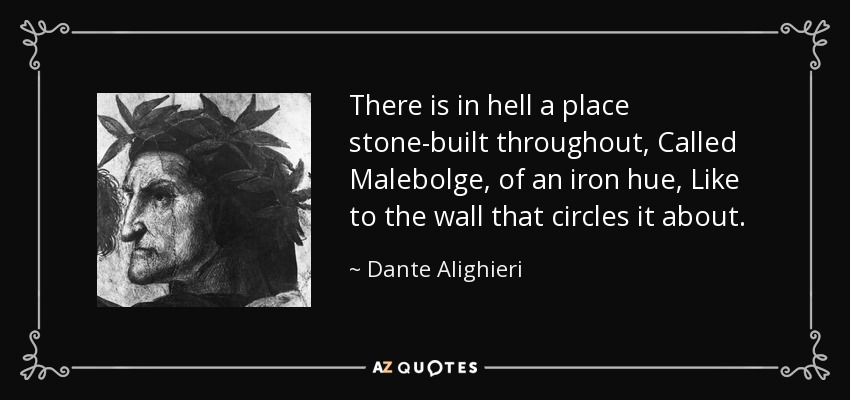 There is in hell a place stone-built throughout, Called Malebolge, of an iron hue, Like to the wall that circles it about. - Dante Alighieri