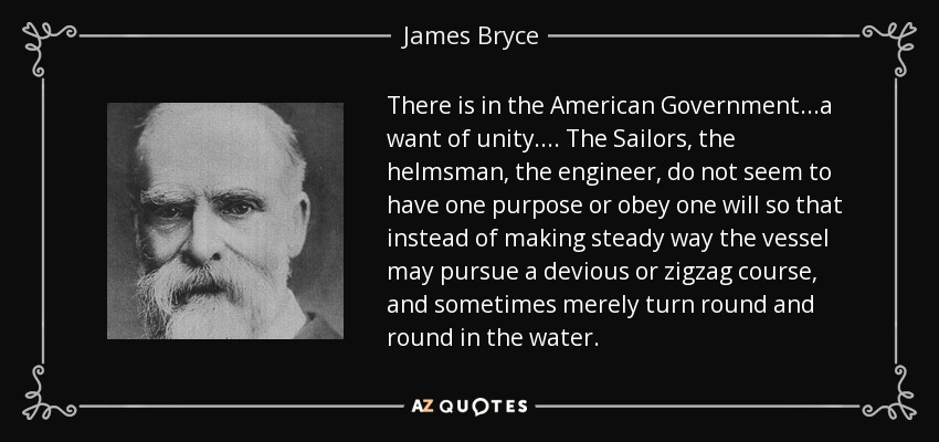 There is in the American Government...a want of unity.... The Sailors, the helmsman, the engineer, do not seem to have one purpose or obey one will so that instead of making steady way the vessel may pursue a devious or zigzag course, and sometimes merely turn round and round in the water. - James Bryce