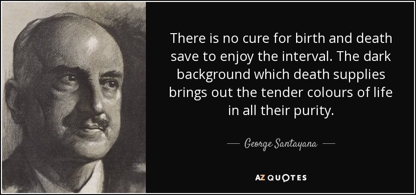 There is no cure for birth and death save to enjoy the interval. The dark background which death supplies brings out the tender colours of life in all their purity. - George Santayana