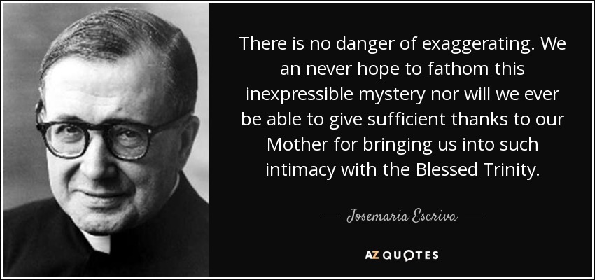 There is no danger of exaggerating. We an never hope to fathom this inexpressible mystery nor will we ever be able to give sufficient thanks to our Mother for bringing us into such intimacy with the Blessed Trinity. - Josemaria Escriva