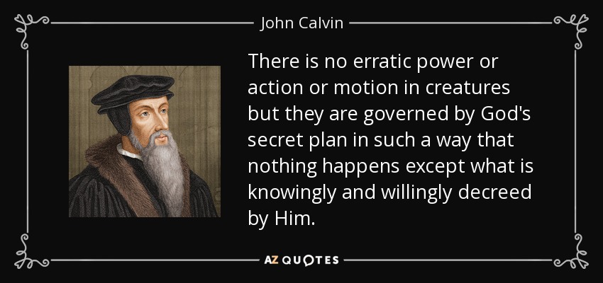 There is no erratic power or action or motion in creatures but they are governed by God's secret plan in such a way that nothing happens except what is knowingly and willingly decreed by Him. - John Calvin