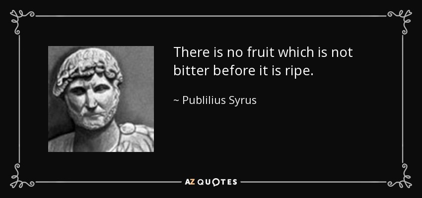 There is no fruit which is not bitter before it is ripe. - Publilius Syrus