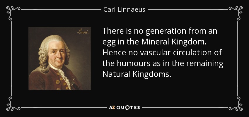 There is no generation from an egg in the Mineral Kingdom. Hence no vascular circulation of the humours as in the remaining Natural Kingdoms. - Carl Linnaeus
