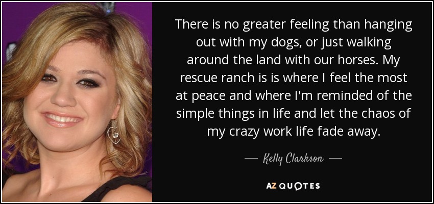 There is no greater feeling than hanging out with my dogs, or just walking around the land with our horses. My rescue ranch is is where I feel the most at peace and where I'm reminded of the simple things in life and let the chaos of my crazy work life fade away. - Kelly Clarkson