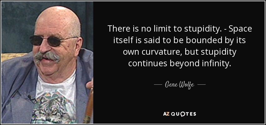 There is no limit to stupidity. - Space itself is said to be bounded by its own curvature, but stupidity continues beyond infinity. - Gene Wolfe