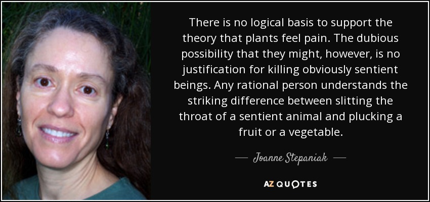 There is no logical basis to support the theory that plants feel pain. The dubious possibility that they might, however, is no justification for killing obviously sentient beings. Any rational person understands the striking difference between slitting the throat of a sentient animal and plucking a fruit or a vegetable. - Joanne Stepaniak
