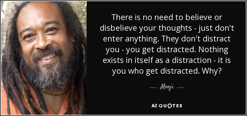 There is no need to believe or disbelieve your thoughts - just don't enter anything. They don't distract you - you get distracted. Nothing exists in itself as a distraction - it is you who get distracted. Why? - Mooji