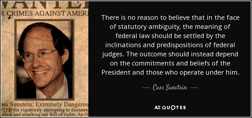 There is no reason to believe that in the face of statutory ambiguity, the meaning of federal law should be settled by the inclinations and predispositions of federal judges. The outcome should instead depend on the commitments and beliefs of the President and those who operate under him. - Cass Sunstein