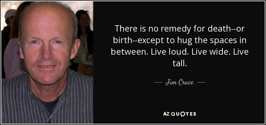 There is no remedy for death--or birth--except to hug the spaces in between. Live loud. Live wide. Live tall. - Jim Crace