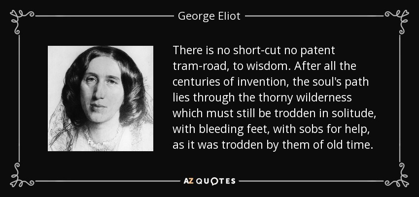 There is no short-cut no patent tram-road, to wisdom. After all the centuries of invention, the soul's path lies through the thorny wilderness which must still be trodden in solitude, with bleeding feet, with sobs for help, as it was trodden by them of old time. - George Eliot