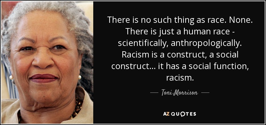 There is no such thing as race. None. There is just a human race - scientifically, anthropologically. Racism is a construct, a social construct... it has a social function, racism. - Toni Morrison