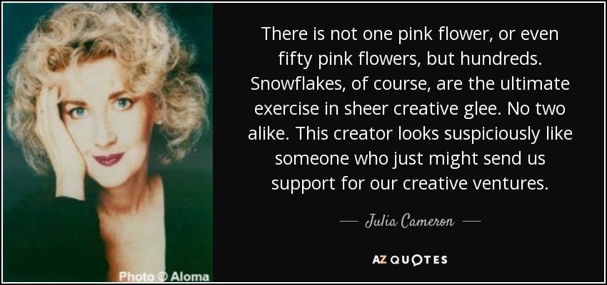 There is not one pink flower, or even fifty pink flowers, but hundreds. Snowflakes, of course, are the ultimate exercise in sheer creative glee. No two alike. This creator looks suspiciously like someone who just might send us support for our creative ventures. - Julia Cameron