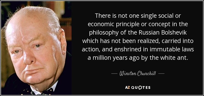 There is not one single social or economic principle or concept in the philosophy of the Russian Bolshevik which has not been realized, carried into action, and enshrined in immutable laws a million years ago by the white ant. - Winston Churchill