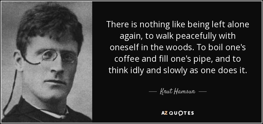 There is nothing like being left alone again, to walk peacefully with oneself in the woods. To boil one's coffee and fill one's pipe, and to think idly and slowly as one does it. - Knut Hamsun