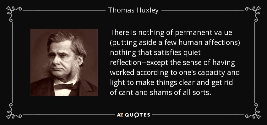 There is nothing of permanent value (putting aside a few human affections) nothing that satisfies quiet reflection--except the sense of having worked according to one's capacity and light to make things clear and get rid of cant and shams of all sorts. - Thomas Huxley