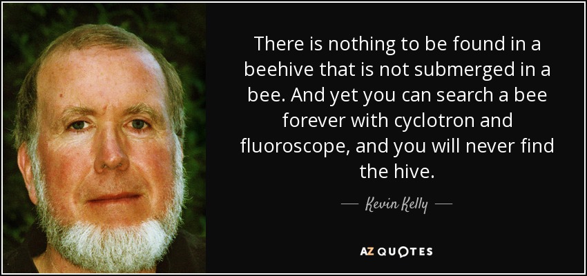 There is nothing to be found in a beehive that is not submerged in a bee. And yet you can search a bee forever with cyclotron and fluoroscope, and you will never find the hive. - Kevin Kelly