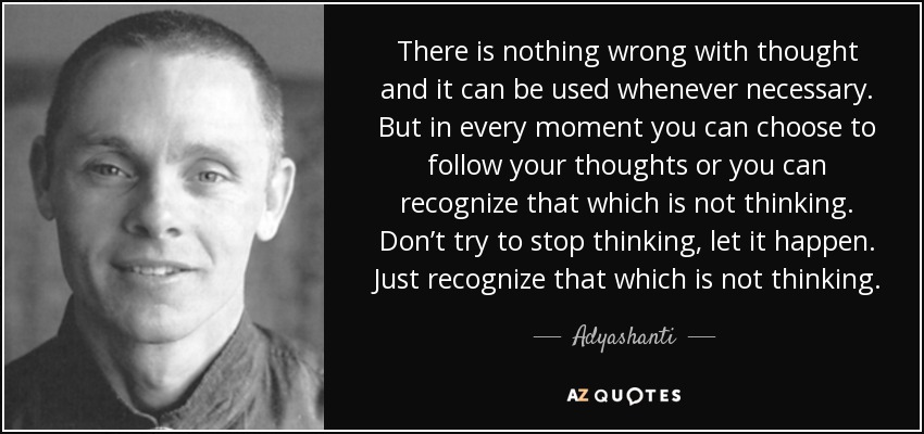 There is nothing wrong with thought and it can be used whenever necessary. But in every moment you can choose to follow your thoughts or you can recognize that which is not thinking. Don’t try to stop thinking, let it happen. Just recognize that which is not thinking. - Adyashanti