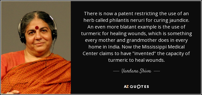 There is now a patent restricting the use of an herb called philantis neruri for curing jaundice. An even more blatant example is the use of turmeric for healing wounds, which is something every mother and grandmother does in every home in India. Now the Mississippi Medical Center claims to have 