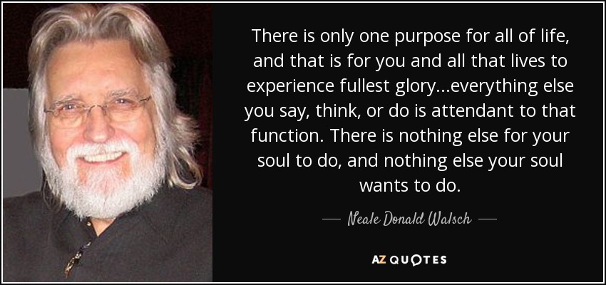 There is only one purpose for all of life, and that is for you and all that lives to experience fullest glory...everything else you say, think, or do is attendant to that function. There is nothing else for your soul to do, and nothing else your soul wants to do. - Neale Donald Walsch
