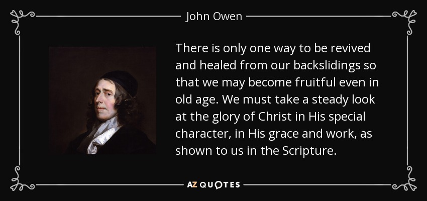 There is only one way to be revived and healed from our backslidings so that we may become fruitful even in old age. We must take a steady look at the glory of Christ in His special character, in His grace and work, as shown to us in the Scripture. - John Owen