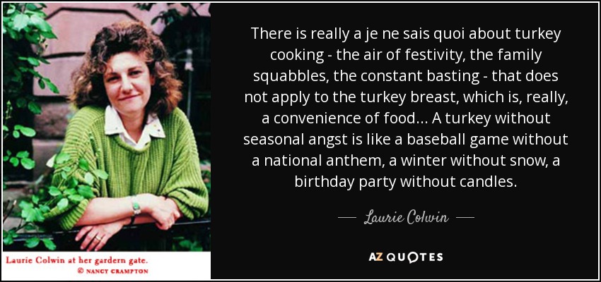 There is really a je ne sais quoi about turkey cooking - the air of festivity, the family squabbles, the constant basting - that does not apply to the turkey breast, which is, really, a convenience of food... A turkey without seasonal angst is like a baseball game without a national anthem, a winter without snow, a birthday party without candles. - Laurie Colwin