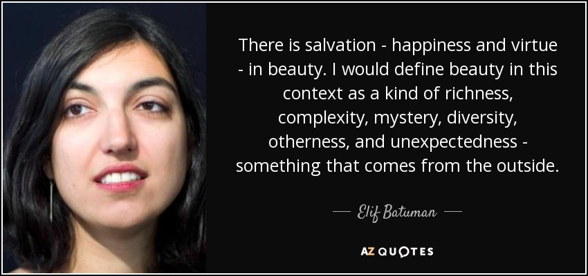 There is salvation - happiness and virtue - in beauty. I would define beauty in this context as a kind of richness, complexity, mystery, diversity, otherness, and unexpectedness - something that comes from the outside. - Elif Batuman