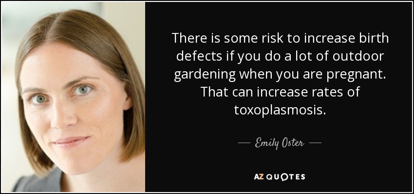 There is some risk to increase birth defects if you do a lot of outdoor gardening when you are pregnant. That can increase rates of toxoplasmosis. - Emily Oster