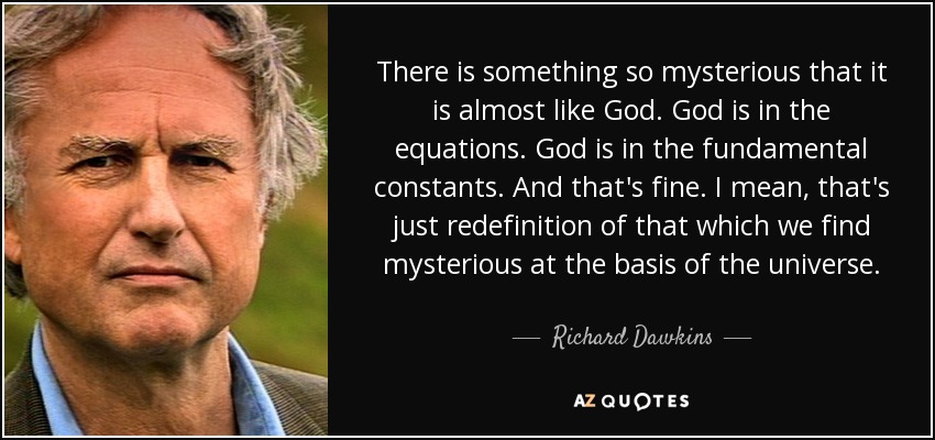 There is something so mysterious that it is almost like God. God is in the equations. God is in the fundamental constants. And that's fine. I mean, that's just redefinition of that which we find mysterious at the basis of the universe. - Richard Dawkins