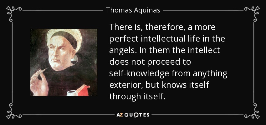 There is, therefore, a more perfect intellectual life in the angels. In them the intellect does not proceed to self-knowledge from anything exterior, but knows itself through itself. - Thomas Aquinas
