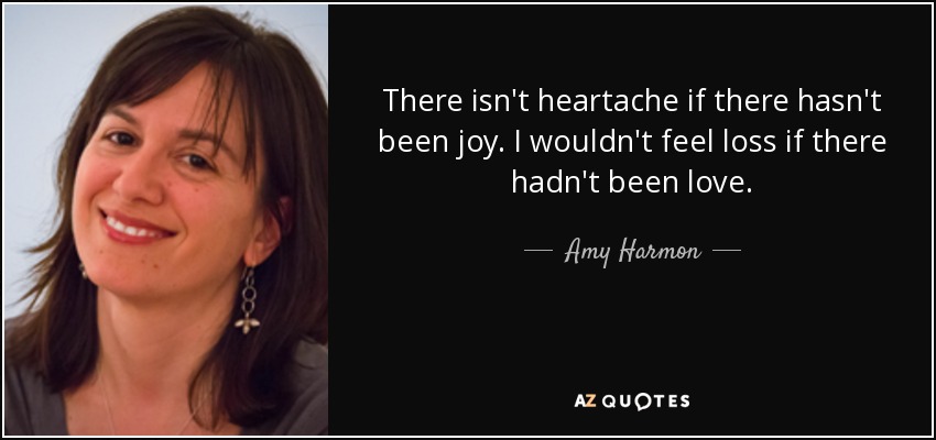 There isn't heartache if there hasn't been joy. I wouldn't feel loss if there hadn't been love. - Amy Harmon