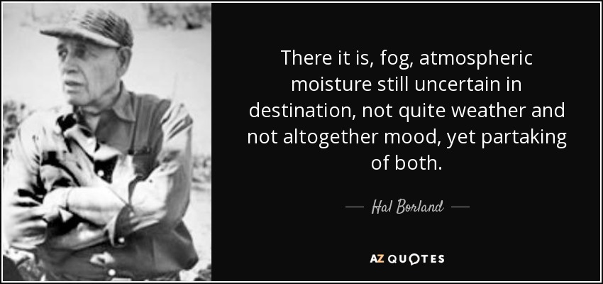 There it is, fog, atmospheric moisture still uncertain in destination, not quite weather and not altogether mood, yet partaking of both. - Hal Borland
