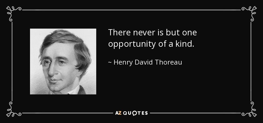 There never is but one opportunity of a kind. - Henry David Thoreau