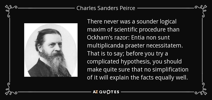 There never was a sounder logical maxim of scientific procedure than Ockham's razor: Entia non sunt multiplicanda praeter necessitatem. That is to say; before you try a complicated hypothesis, you should make quite sure that no simplification of it will explain the facts equally well. - Charles Sanders Peirce