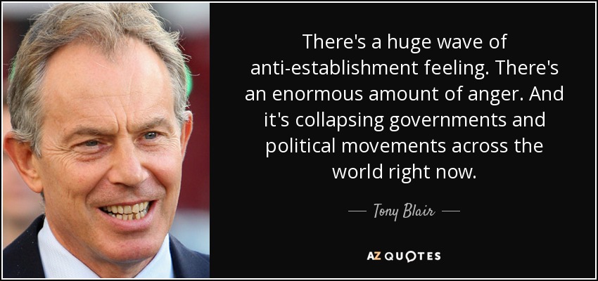 There's a huge wave of anti-establishment feeling. There's an enormous amount of anger. And it's collapsing governments and political movements across the world right now. - Tony Blair