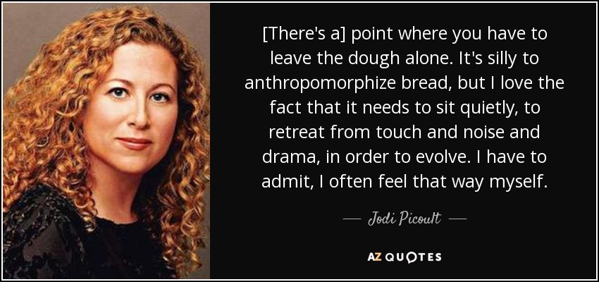 [There's a] point where you have to leave the dough alone. It's silly to anthropomorphize bread, but I love the fact that it needs to sit quietly, to retreat from touch and noise and drama, in order to evolve. I have to admit, I often feel that way myself. - Jodi Picoult