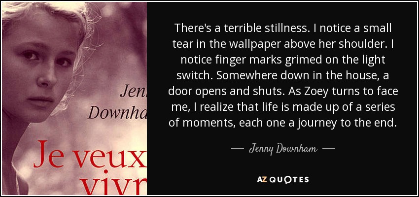 There's a terrible stillness. I notice a small tear in the wallpaper above her shoulder. I notice finger marks grimed on the light switch. Somewhere down in the house, a door opens and shuts. As Zoey turns to face me, I realize that life is made up of a series of moments, each one a journey to the end. - Jenny Downham