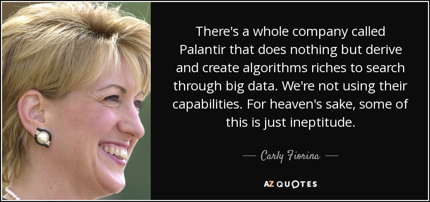 There's a whole company called Palantir that does nothing but derive and create algorithms riches to search through big data. We're not using their capabilities. For heaven's sake, some of this is just ineptitude. - Carly Fiorina