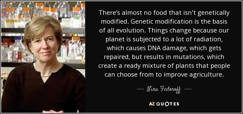 There's almost no food that isn't genetically modified. Genetic modification is the basis of all evolution. Things change because our planet is subjected to a lot of radiation, which causes DNA damage, which gets repaired, but results in mutations, which create a ready mixture of plants that people can choose from to improve agriculture. - Nina Fedoroff