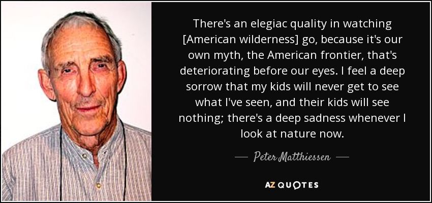 There's an elegiac quality in watching [American wilderness] go, because it's our own myth, the American frontier, that's deteriorating before our eyes. I feel a deep sorrow that my kids will never get to see what I've seen, and their kids will see nothing; there's a deep sadness whenever I look at nature now. - Peter Matthiessen